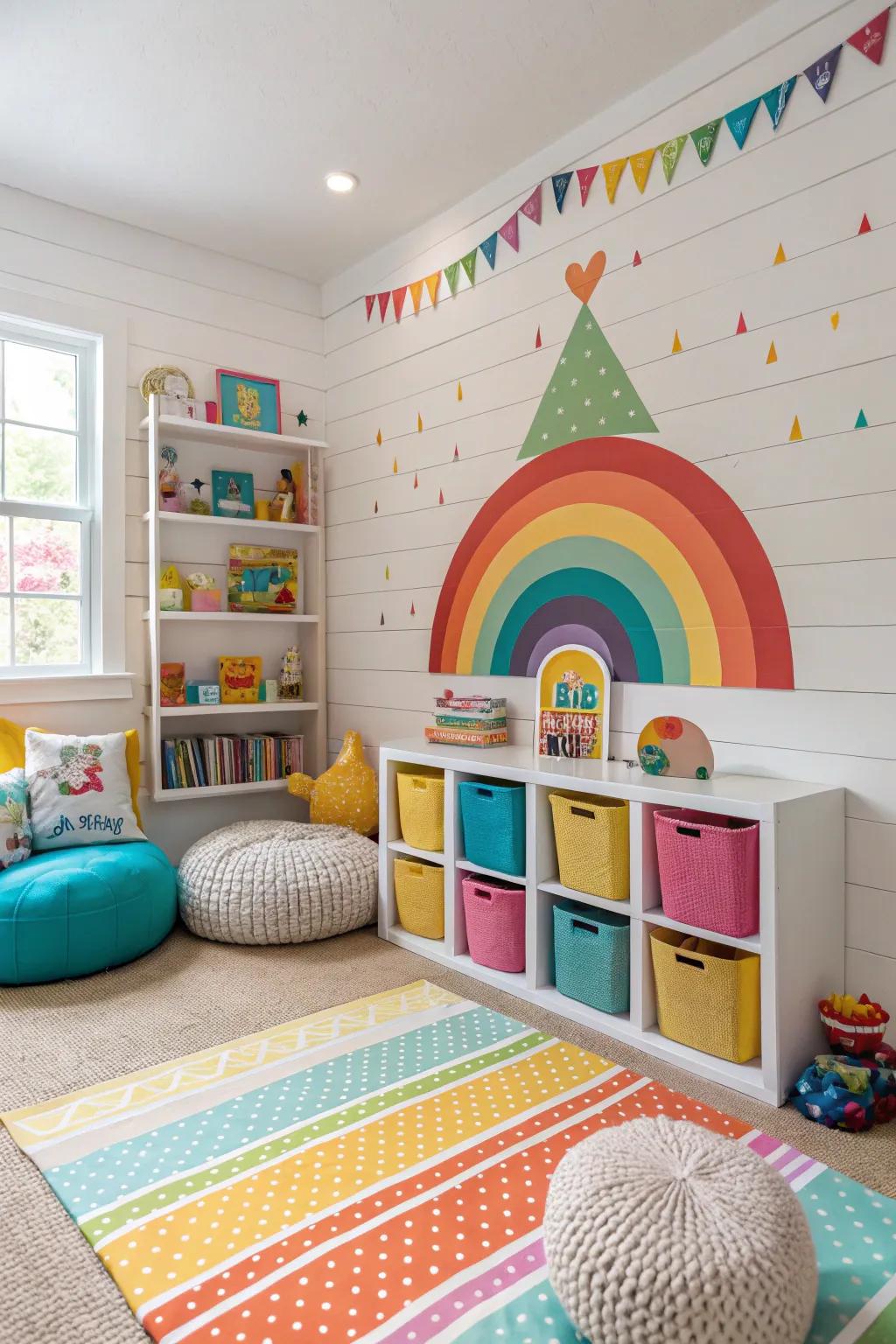 A playroom featuring a colorful rainbow shiplap wall.