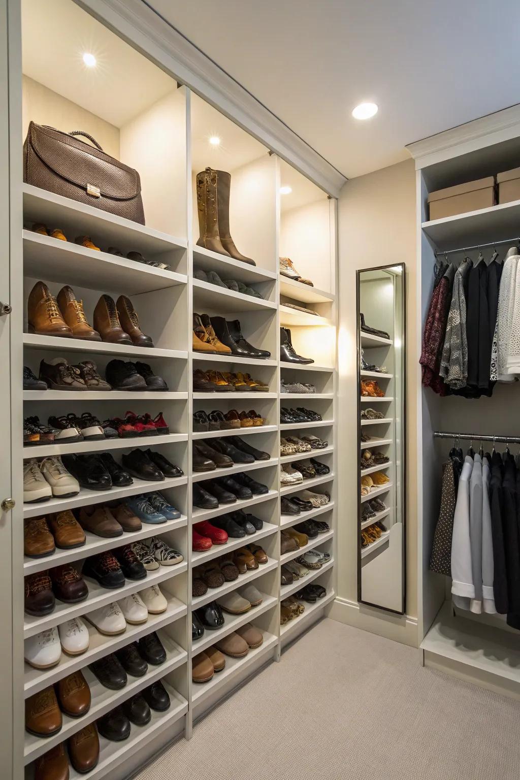 Vertical storage maximizes space for shoe collections.