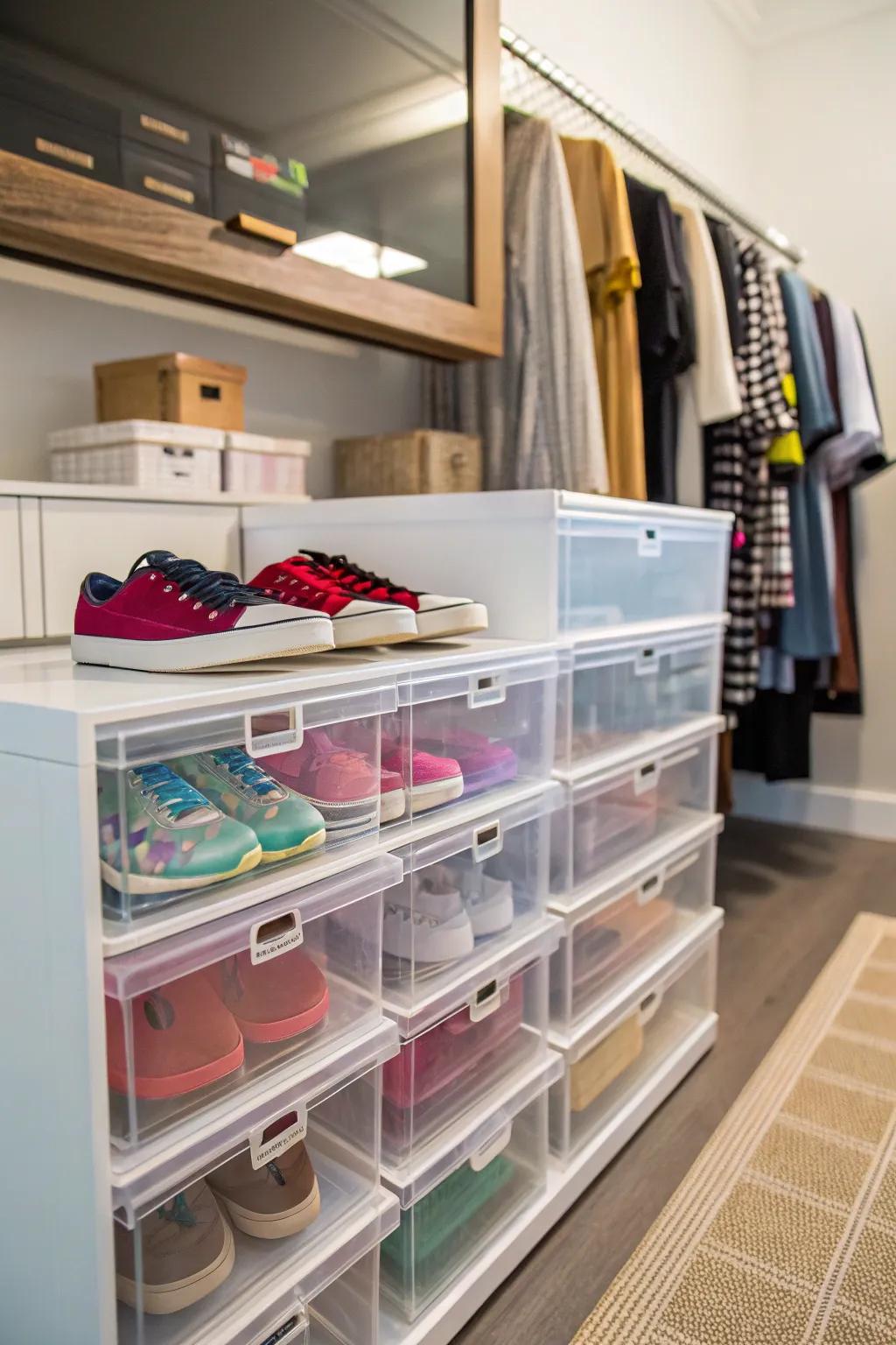 Clear boxes keep shoes visible and protected from dust.