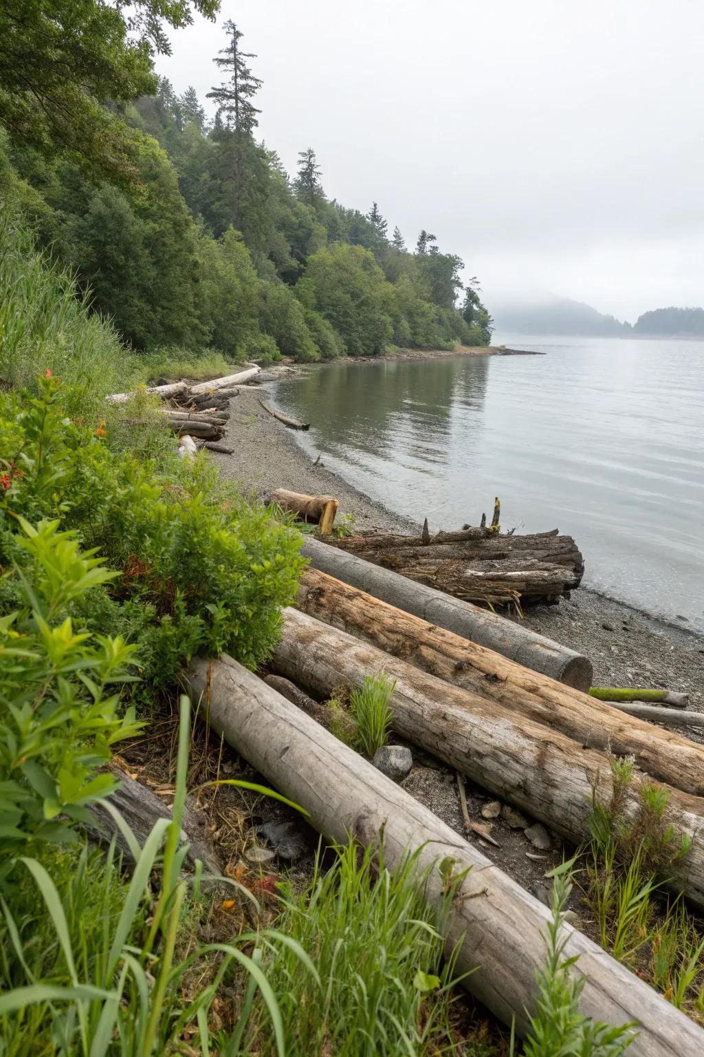 Anchored logs providing stability and rustic seating along the shoreline.