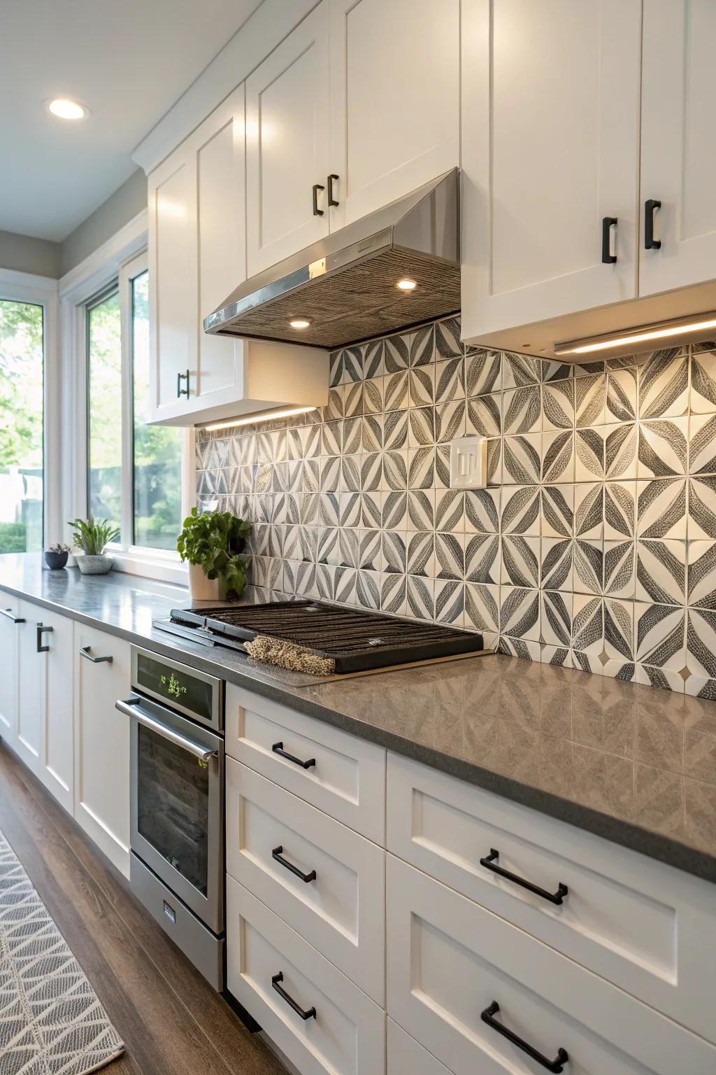 Geometric patterns add a modern twist to this sleek kitchen design.