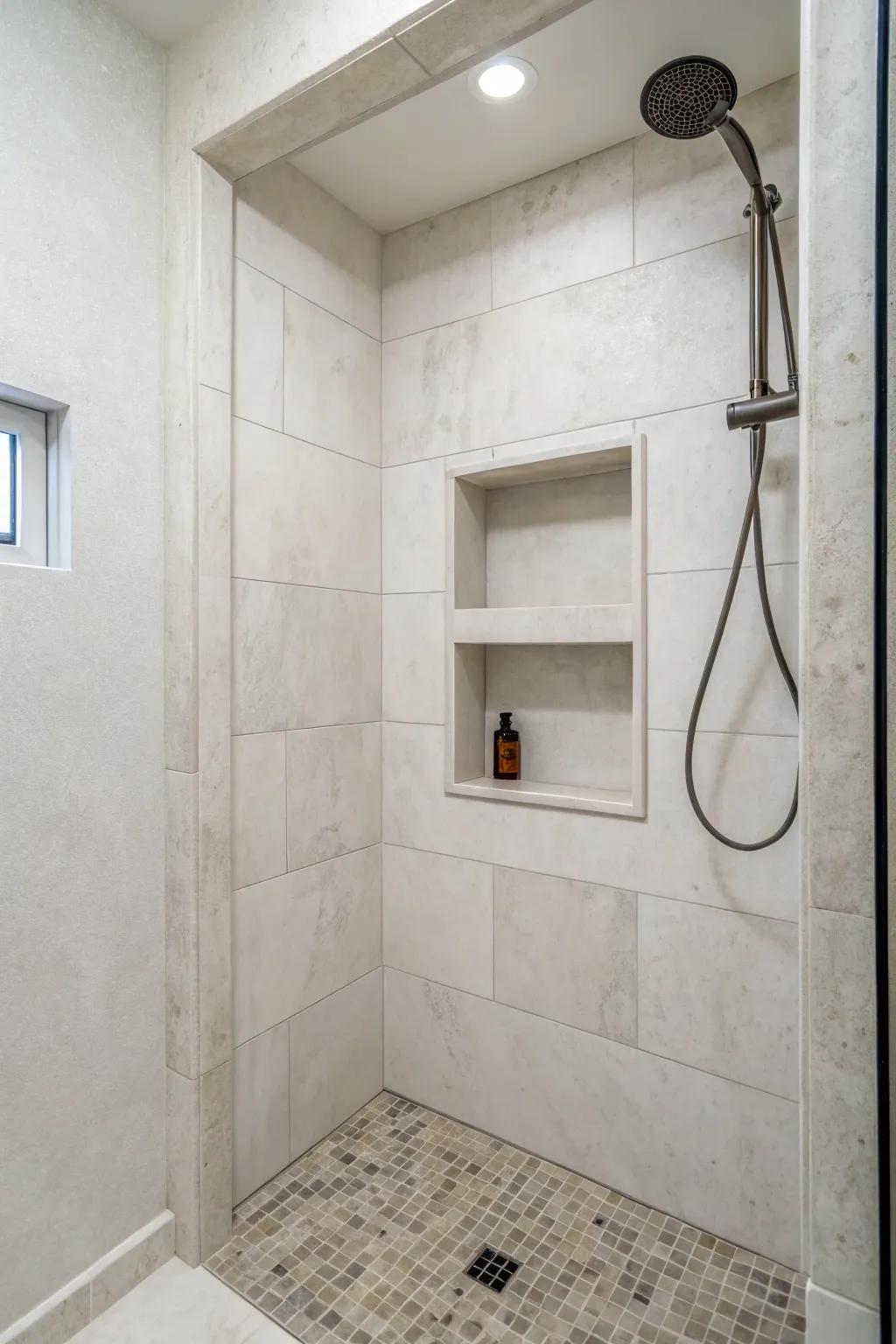 Minimalist niches maintain a clean and modern shower aesthetic.