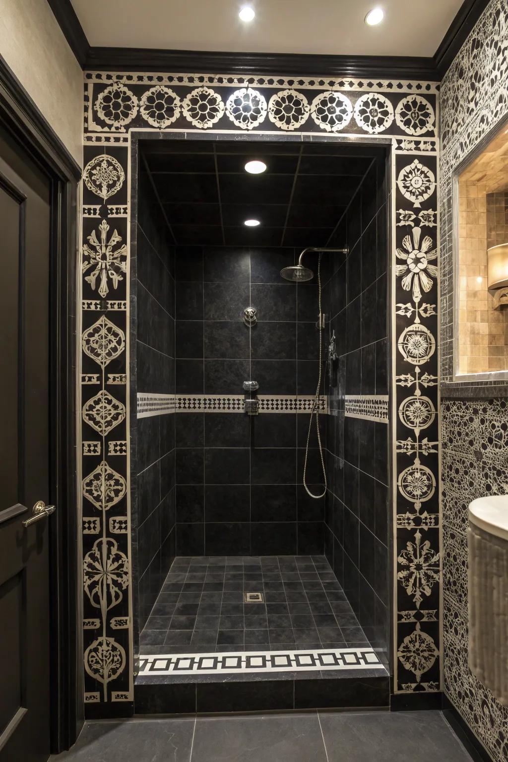 Black and white tiles create a striking and bold shower border.