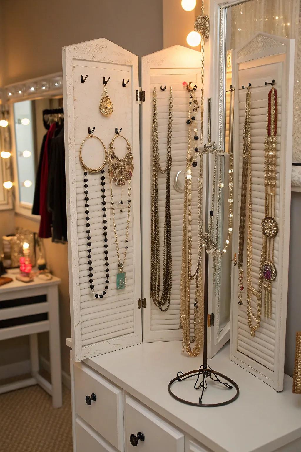 A practical jewelry organizer made from shutter doors.