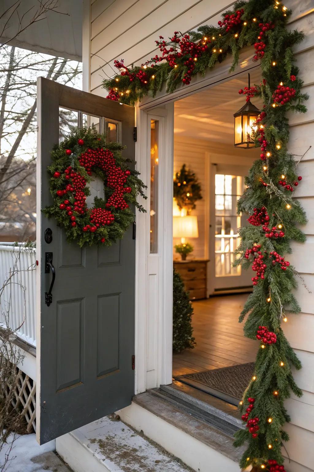 Red berries bringing vibrant holiday cheer to an entrance.