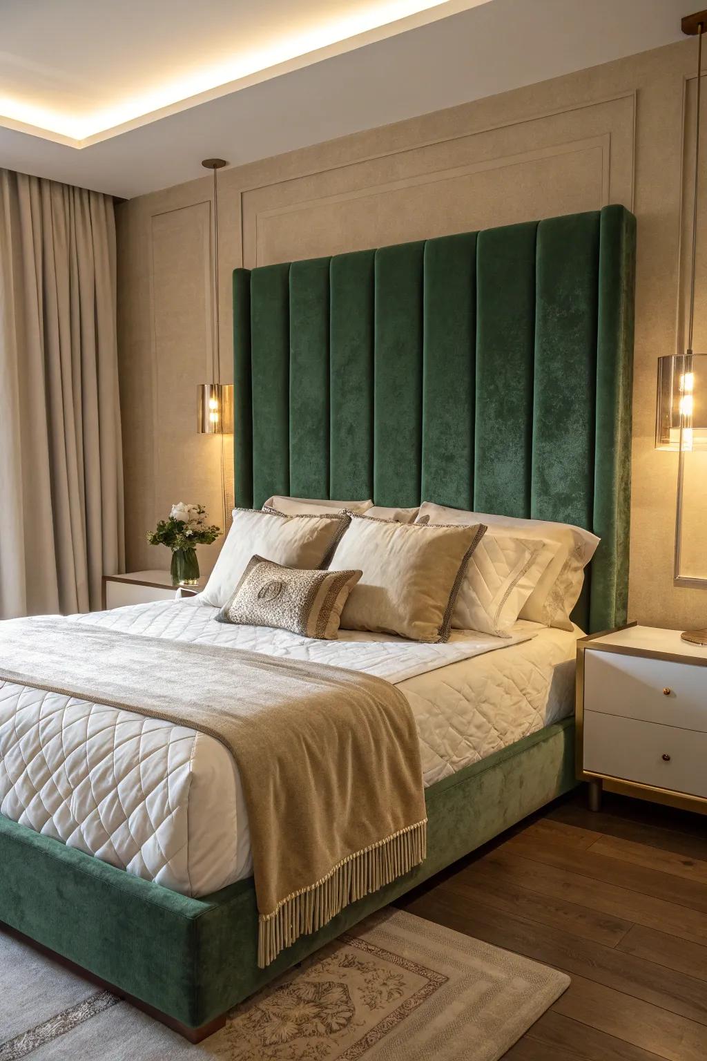 A velvet green headboard offers a touch of elegance and color.