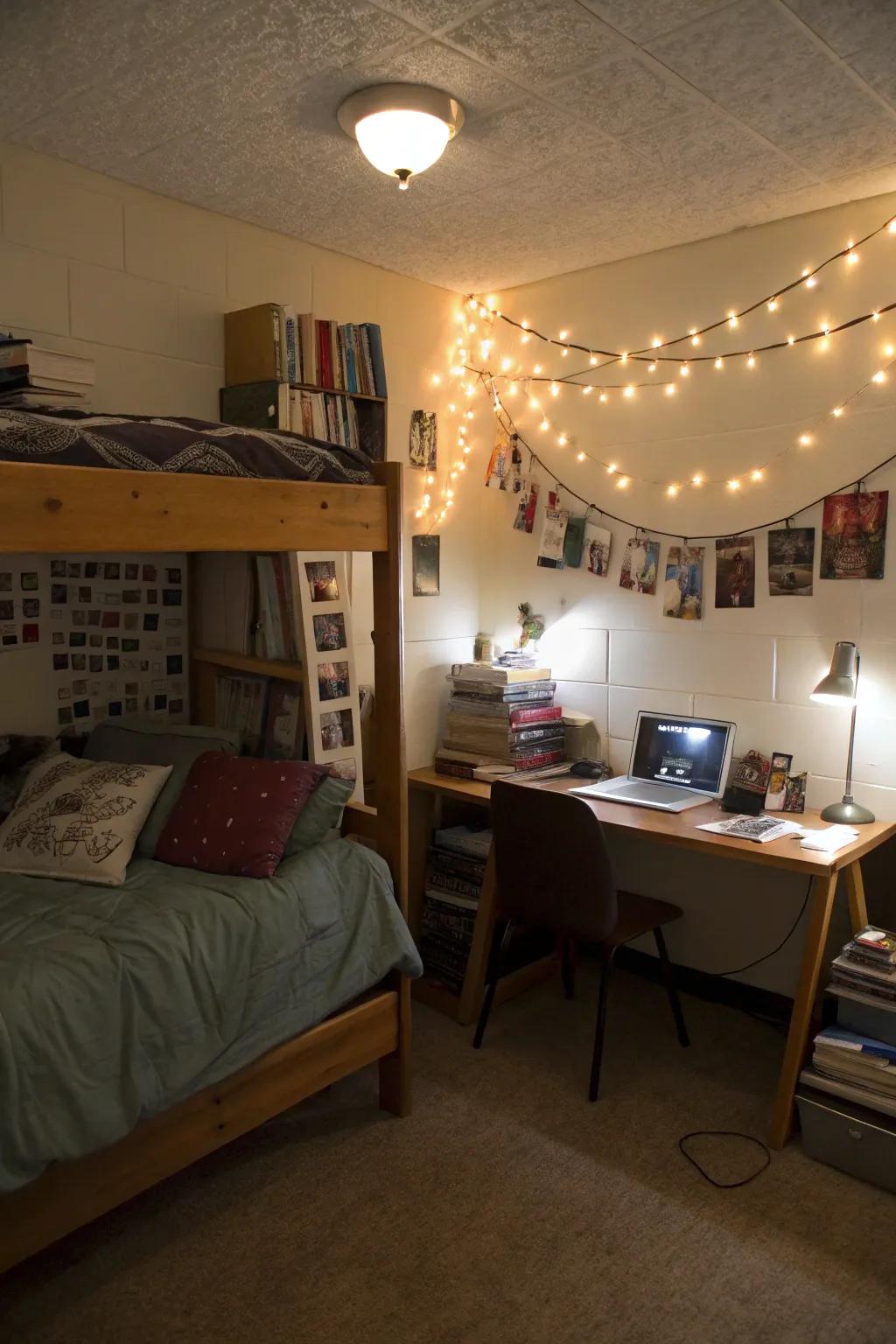 Layered lighting creates a warm and inviting atmosphere in a dorm room.