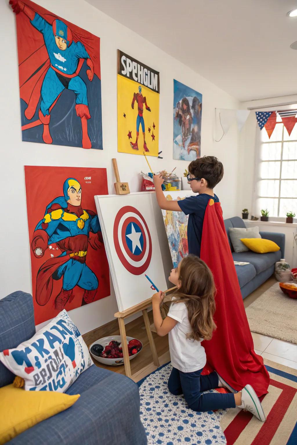 Kids creating their own superhero adventures through painting