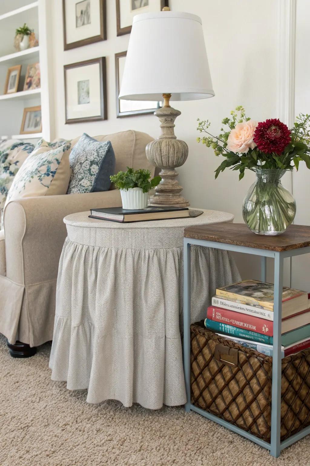 A skirted side table offering hidden storage, keeping the living room neat and stylish.