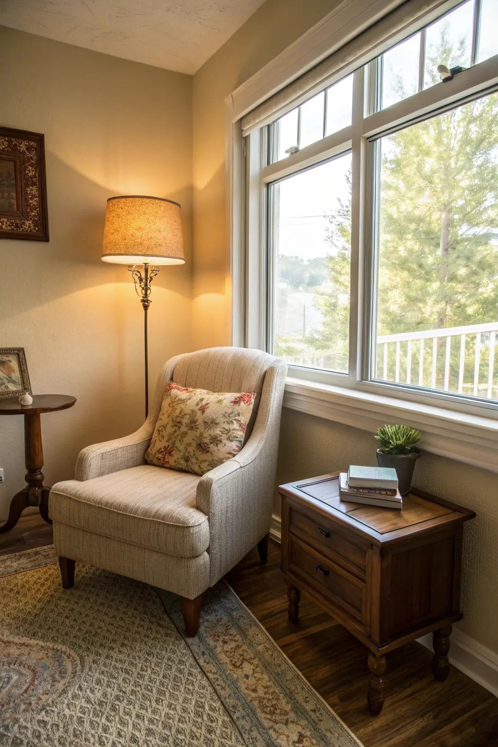 A cozy nook adds a personal touch to a small apartment.