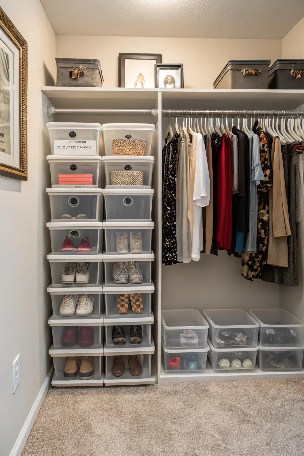 Transparent bins keep items visible and the closet organized.