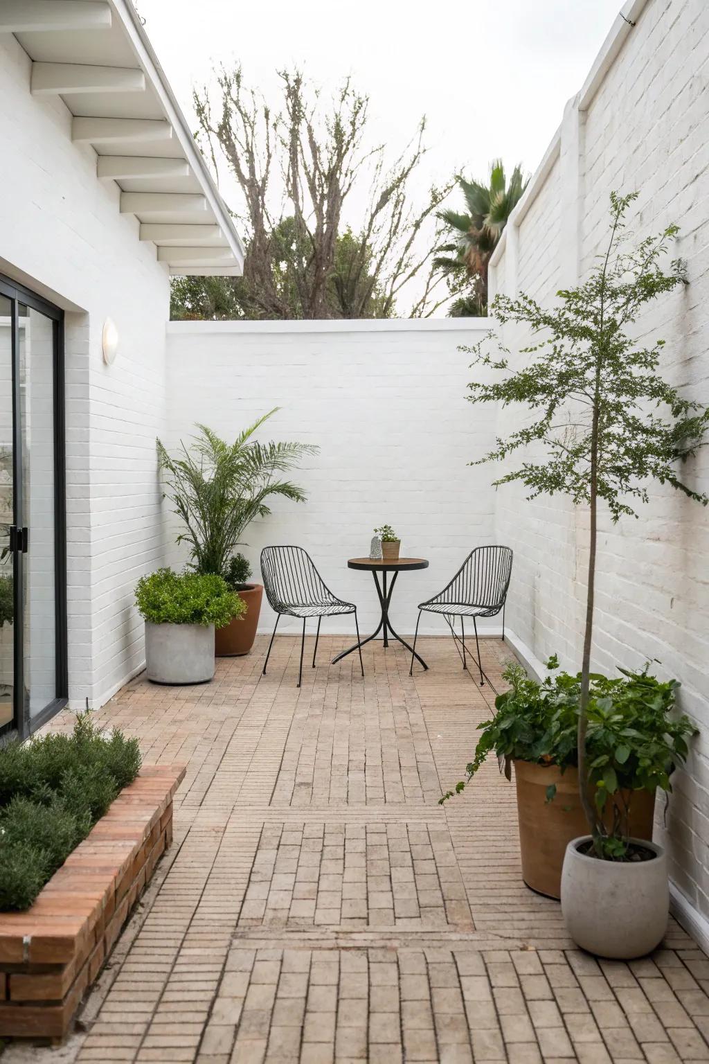 A minimalist brick patio with clean lines and few decor elements.