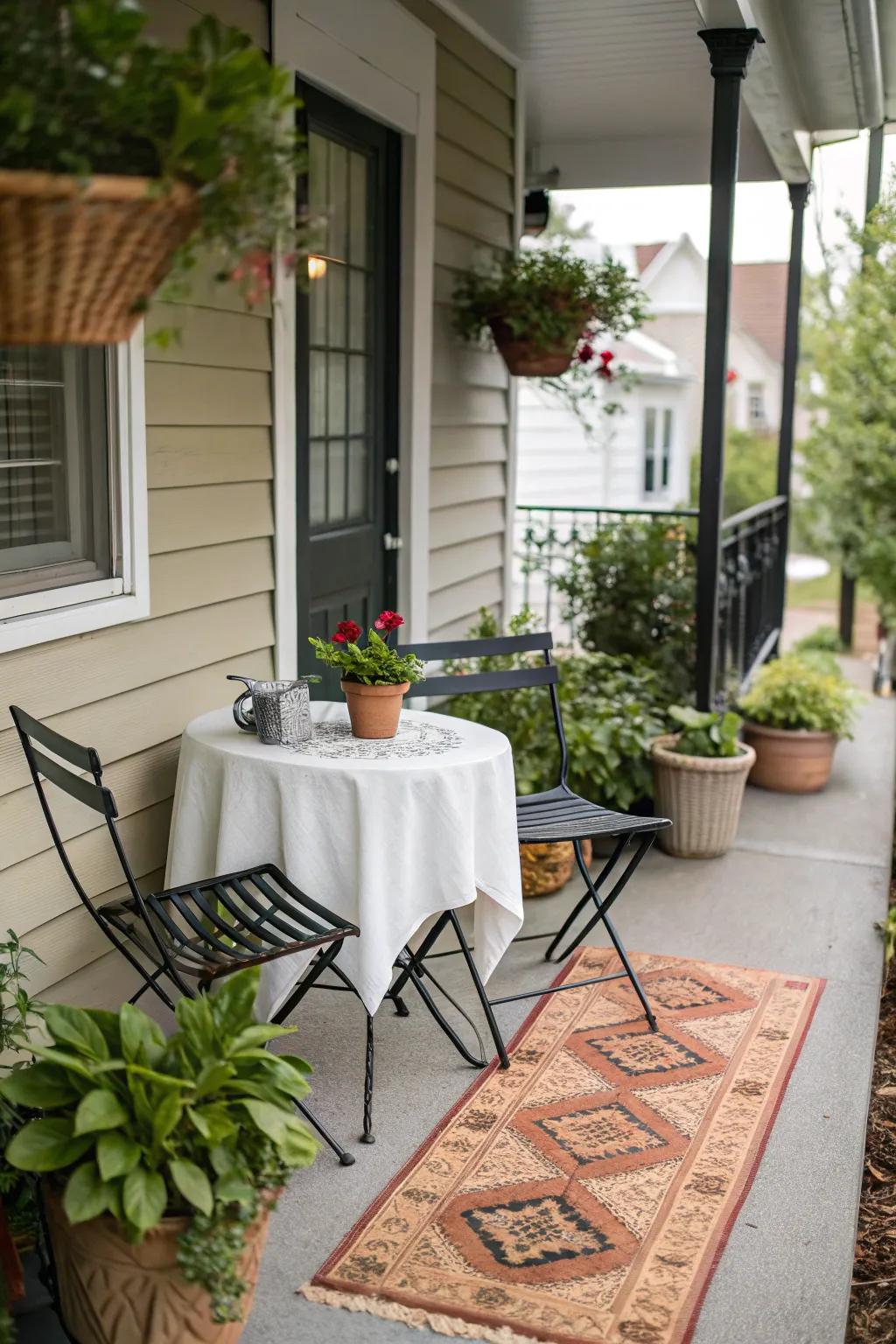 A bistro set creates a charming dining nook.