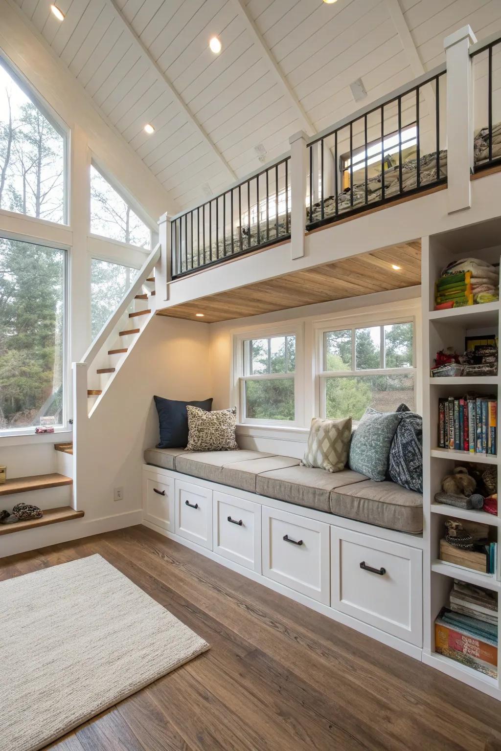 Built-in seating maximizing space and functionality in a loft.