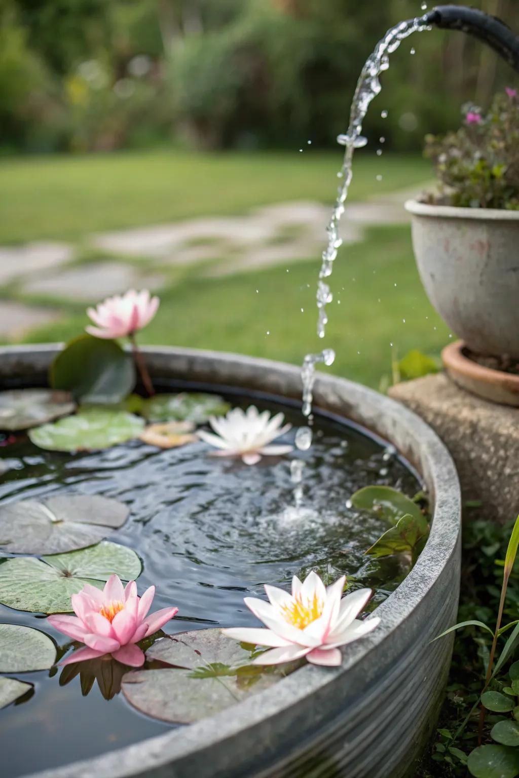 A floating lily pond offers tranquility in compact spaces.