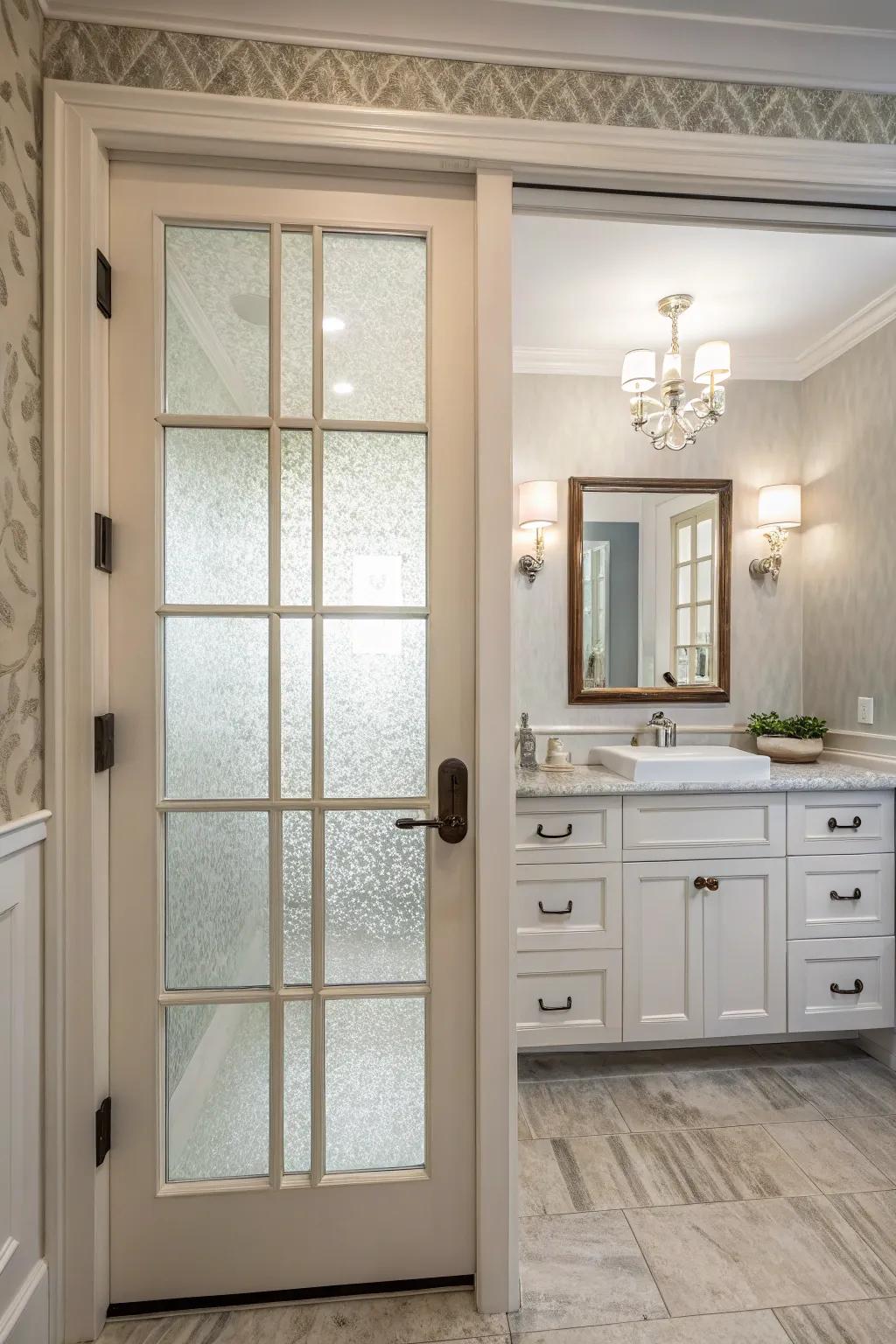 Glass doors bring light and openness to compact powder rooms.