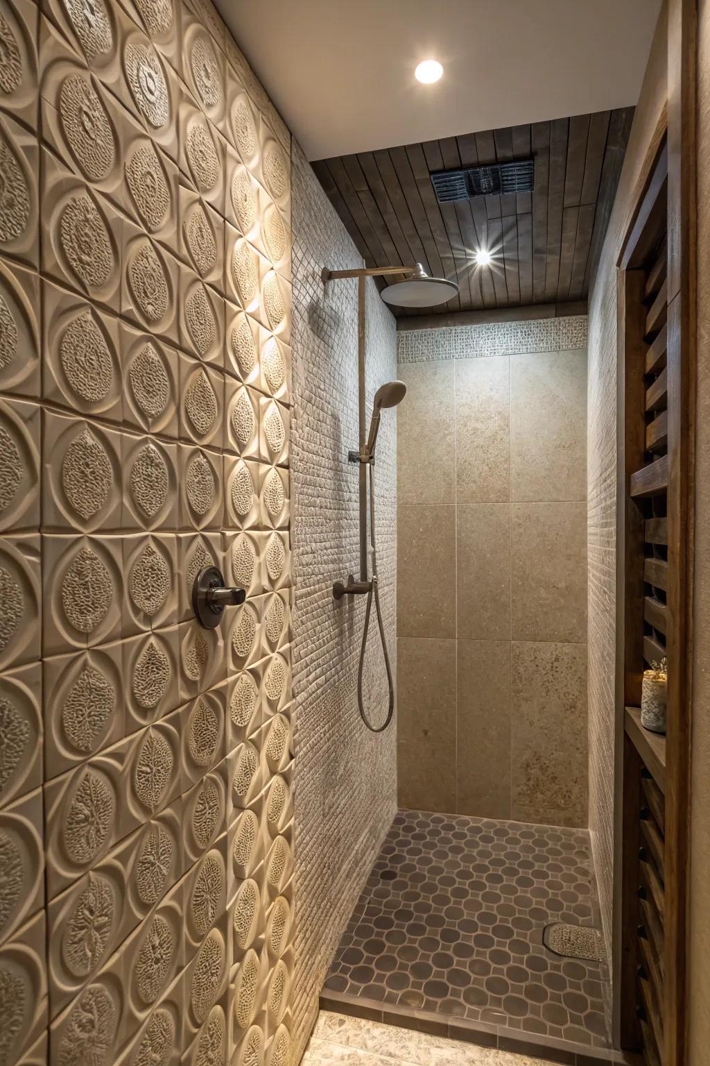 A small shower featuring textural wall tiles for added depth.