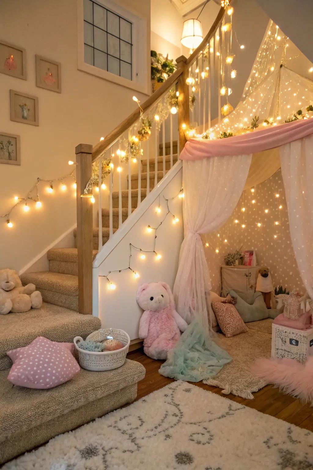 A fairy tale hideout under the stairs for magical adventures.