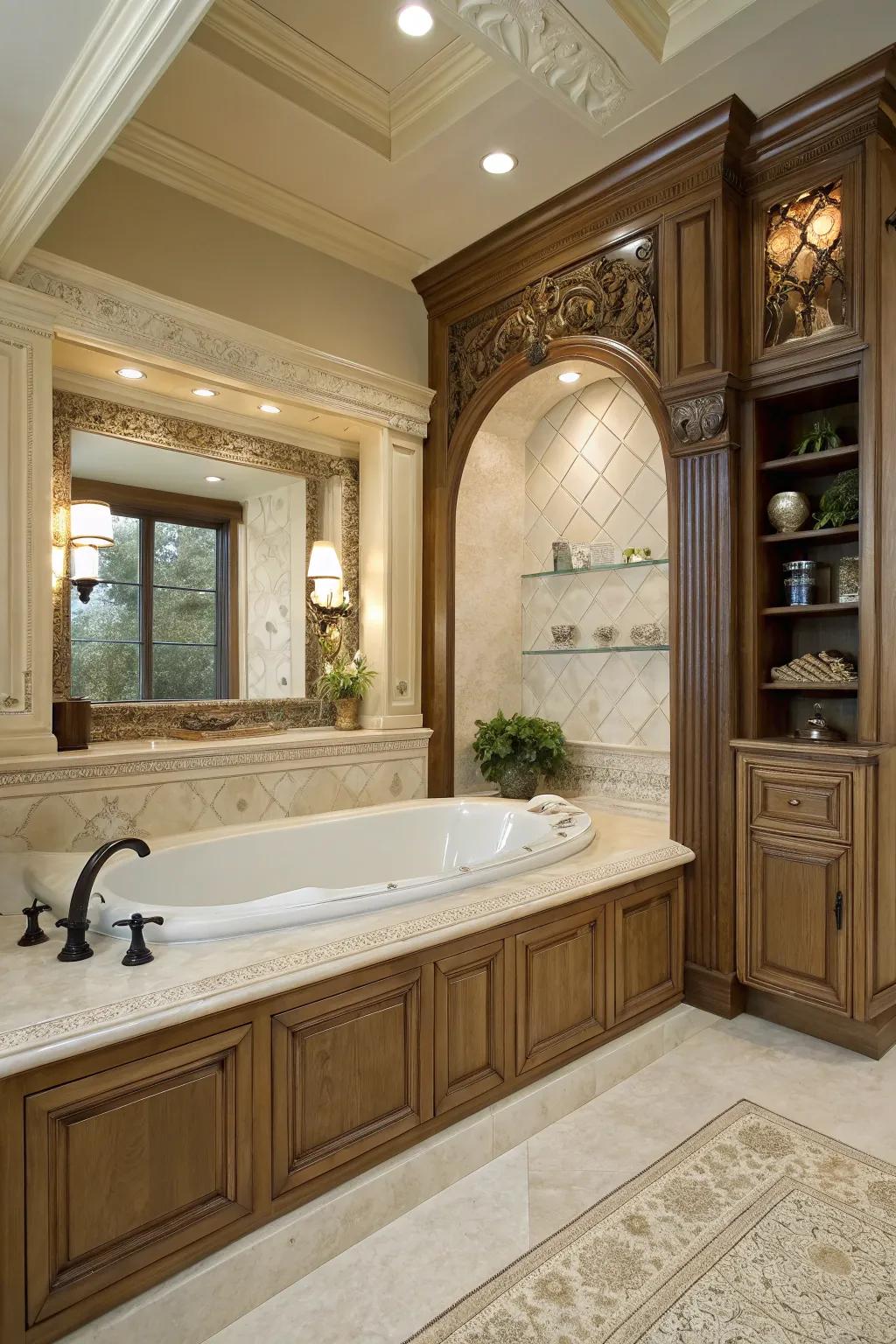 Built-in millwork elevates the bathtub, adding sophistication.