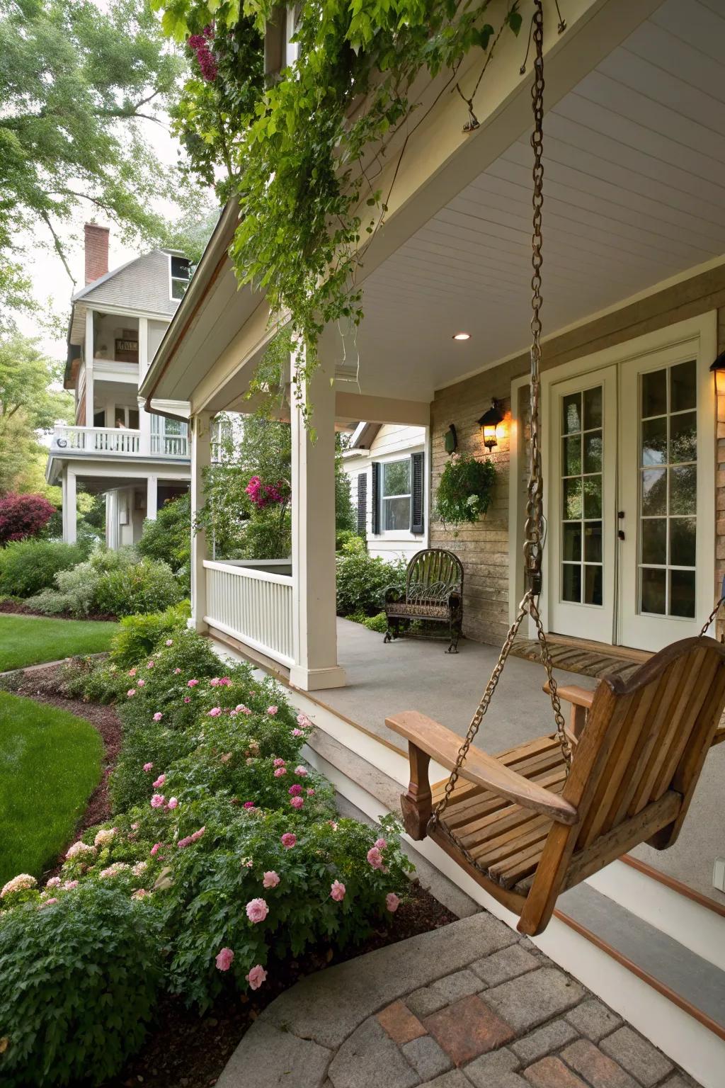 A porch swing invites relaxation and charm to this split foyer entry.