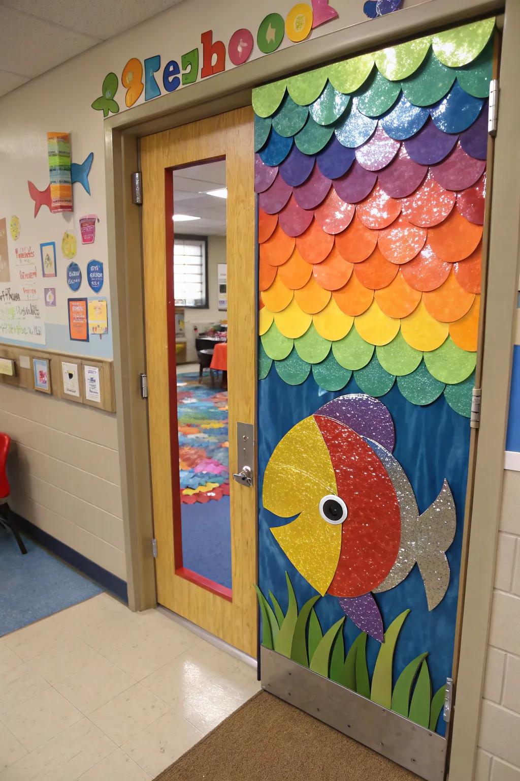 A stunning rainbow fish mural on a preschool door.