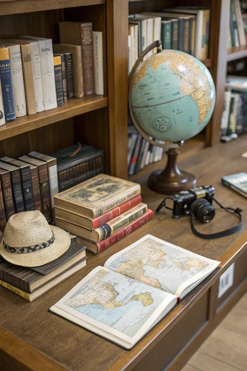 A travel-themed display with books, a globe, and a map.