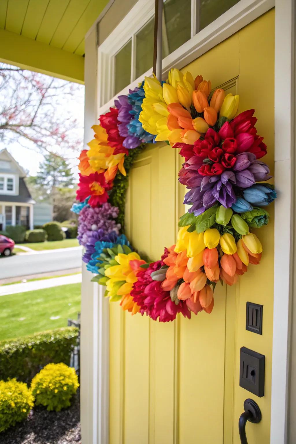 A vibrant rainbow tulip wreath that spreads joy and color.