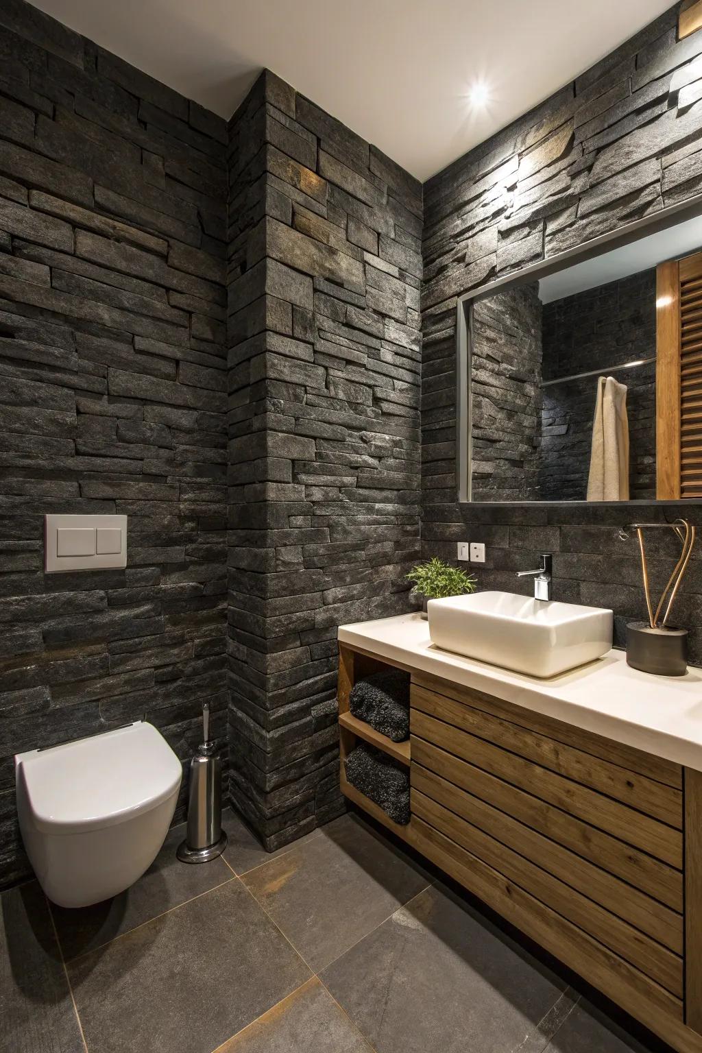 Bold and dramatic with dark stacked stone walls.