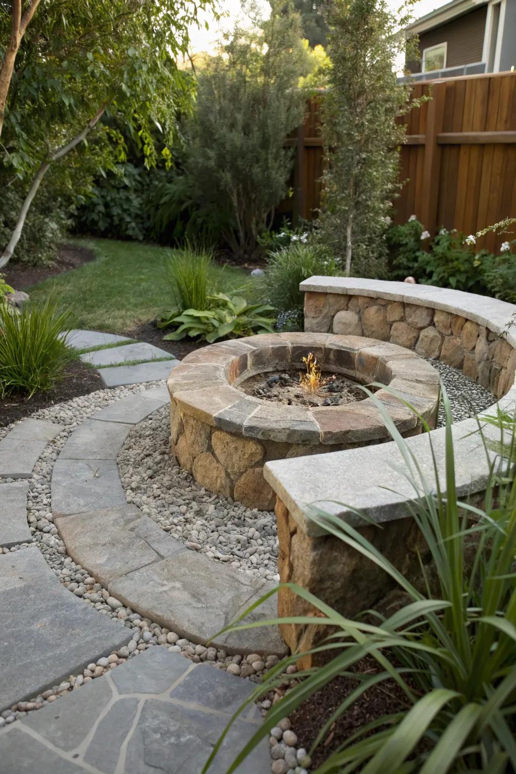 Pebble surround adds texture and elegance to the stone fire pit.