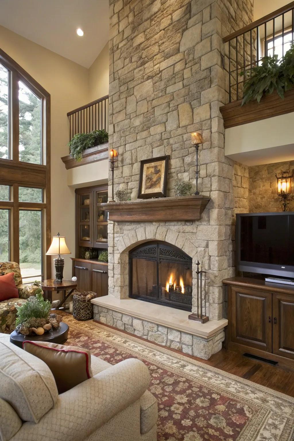 A widened stone fireplace design offers additional storage and functionality.