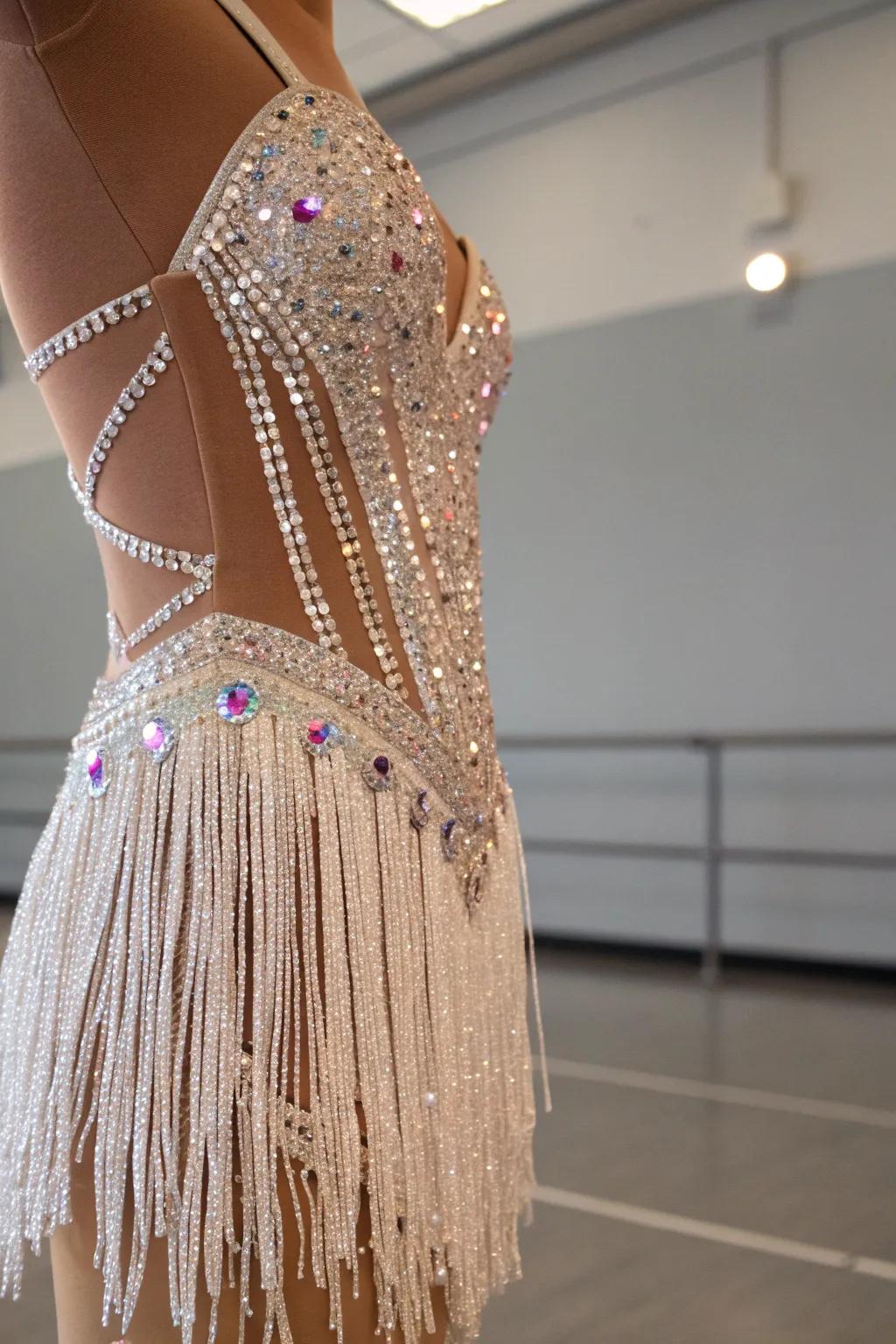 Add sparkle to your dancewear with a playful fringe and rhinestone combo. Perfect for those who love a touch of fun and flair!