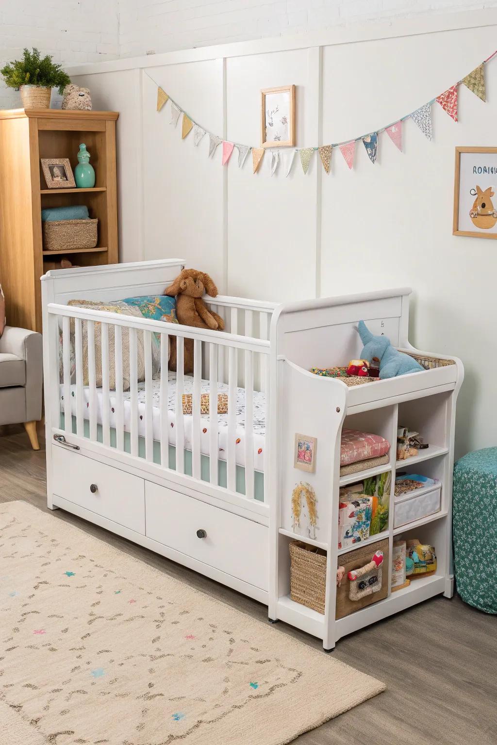 Convertible cribs offer longevity and built-in storage solutions.