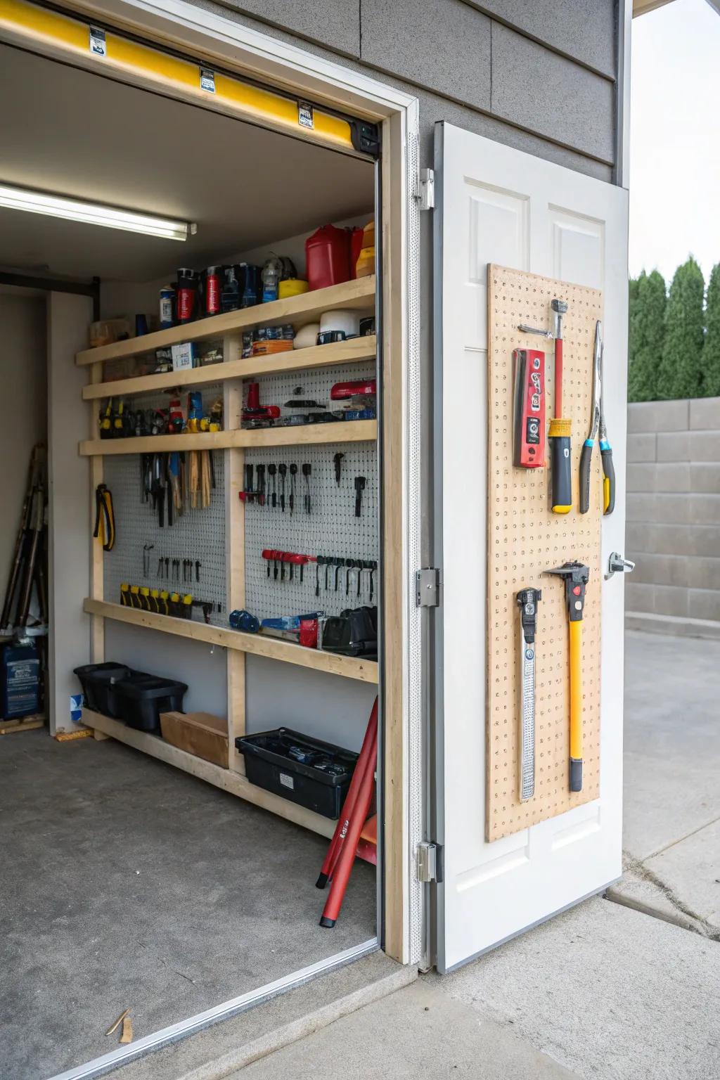 DIY narrow shelves provide practical garage storage.