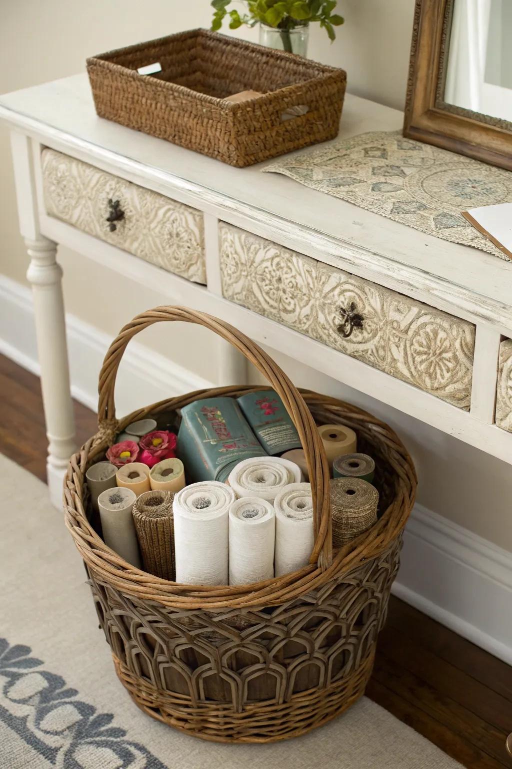 Decorative basket for stylish storage of bulletin board borders.