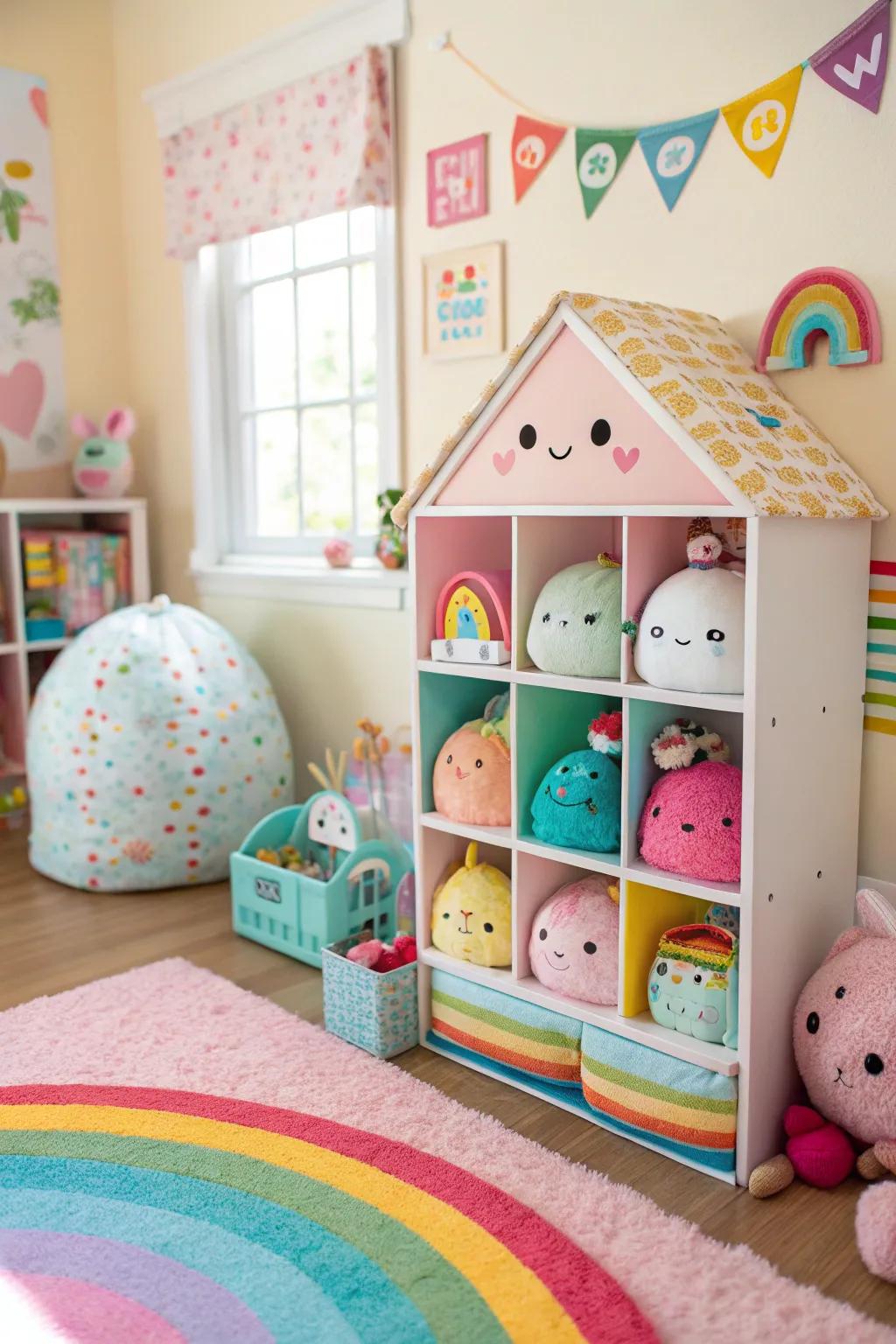 A dollhouse repurposed as a playful display for Squishmallows.