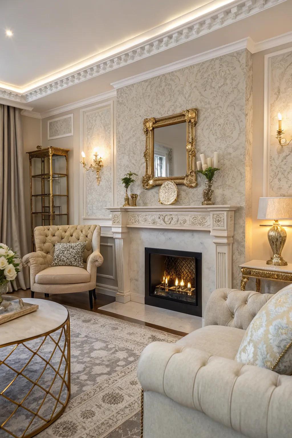 Gold accents add a touch of glam to this elegant stucco fireplace.