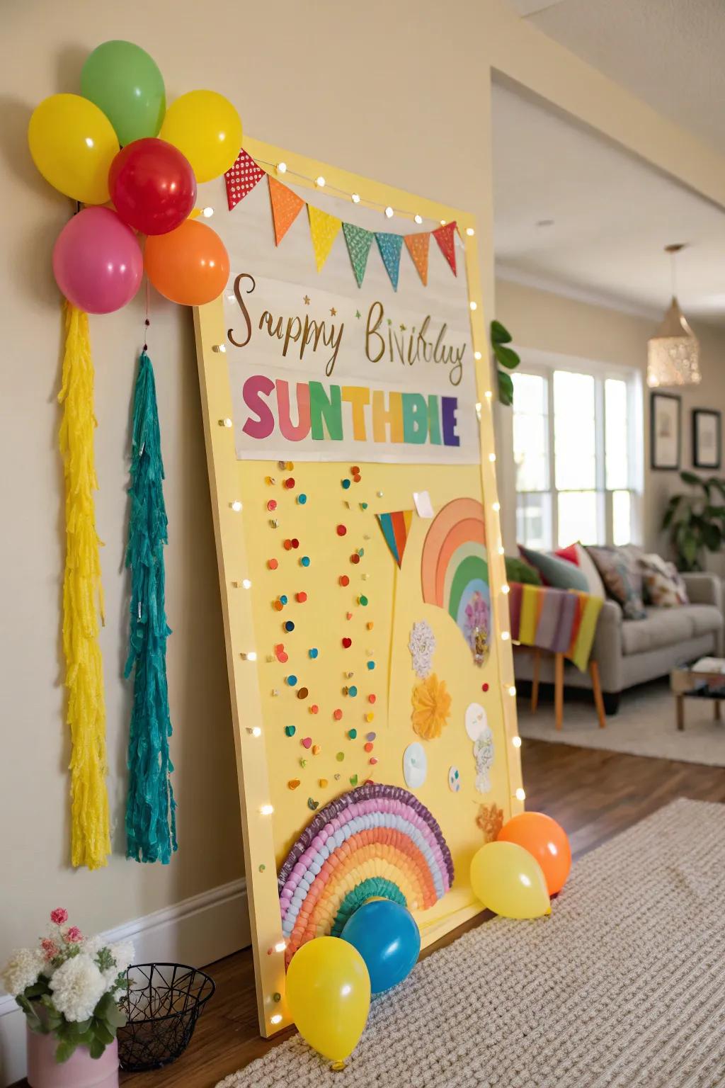 Sunshine and rainbows birthday board.