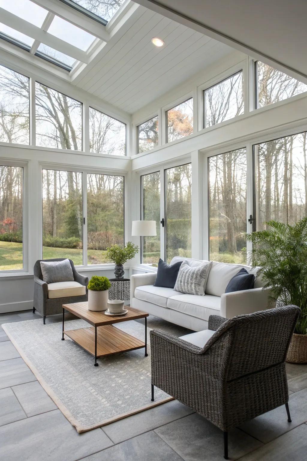 A sunroom transformed into a modern minimalist retreat, exuding calm and simplicity.