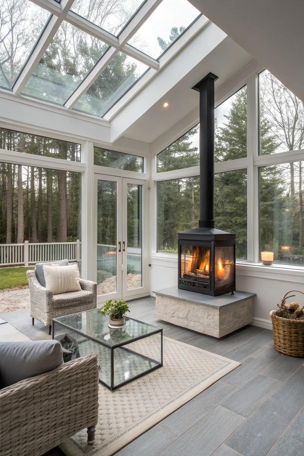 A glass-enclosed fireplace offering a sleek and modern focal point in a sunroom.