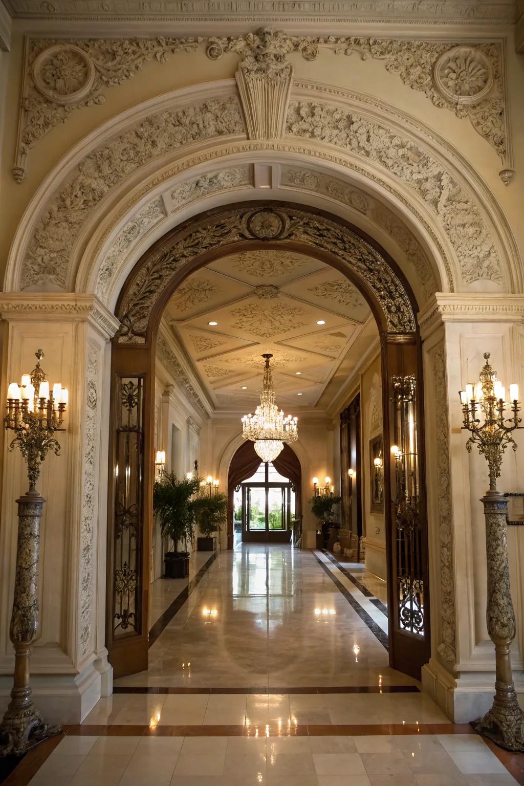 Dramatic archway crafted from beams in an elegant entryway.