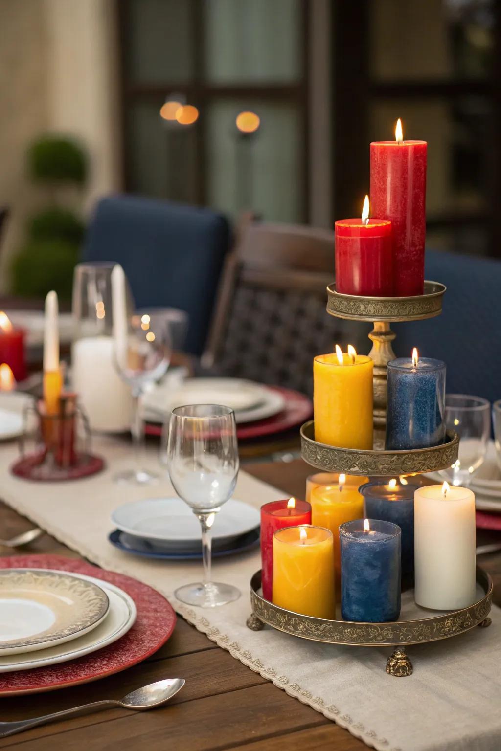 Layered candles create a cozy, inviting atmosphere.