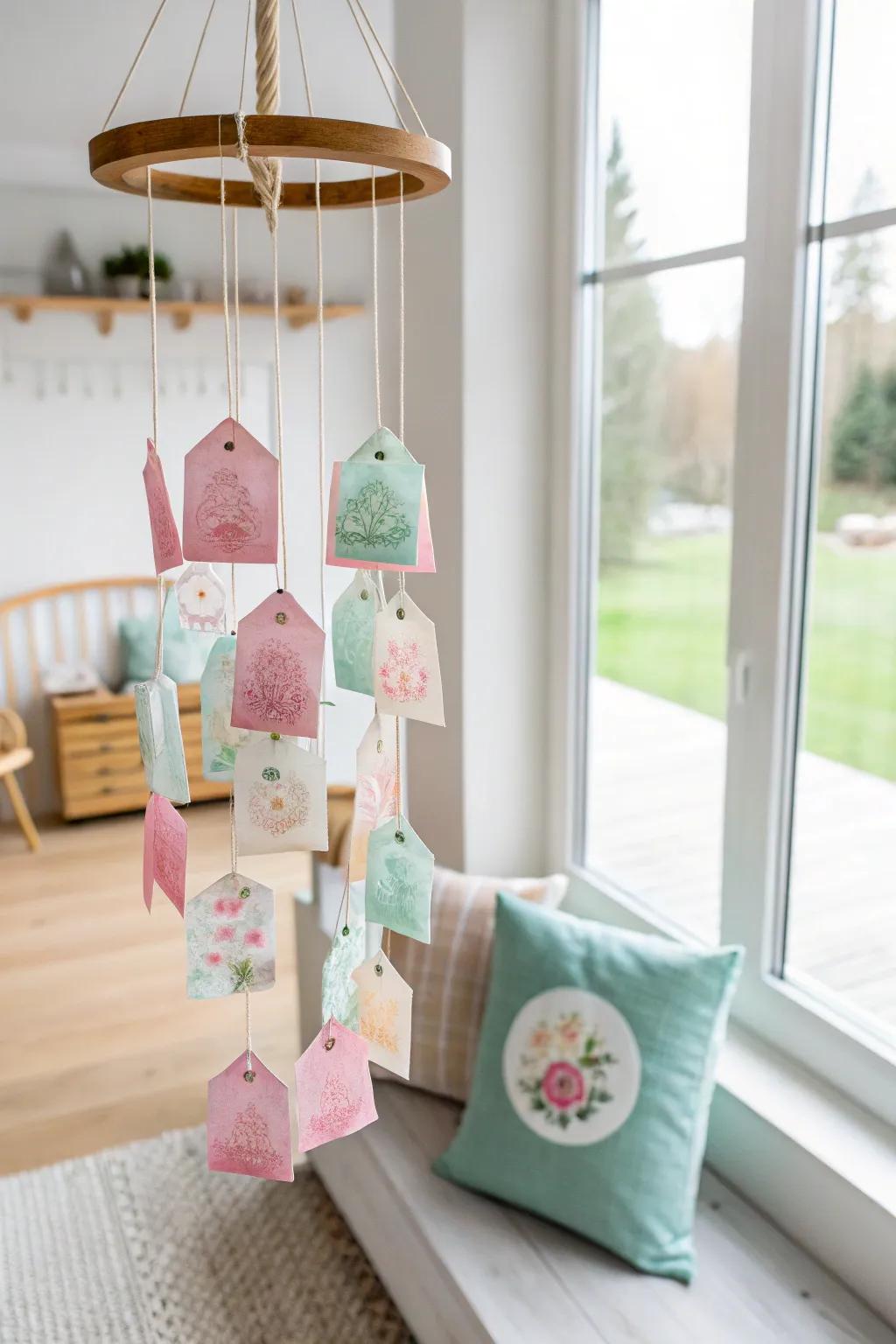 Add a whimsical touch to your space with this enchanting tea bag mobile, perfect for a cozy reading nook.