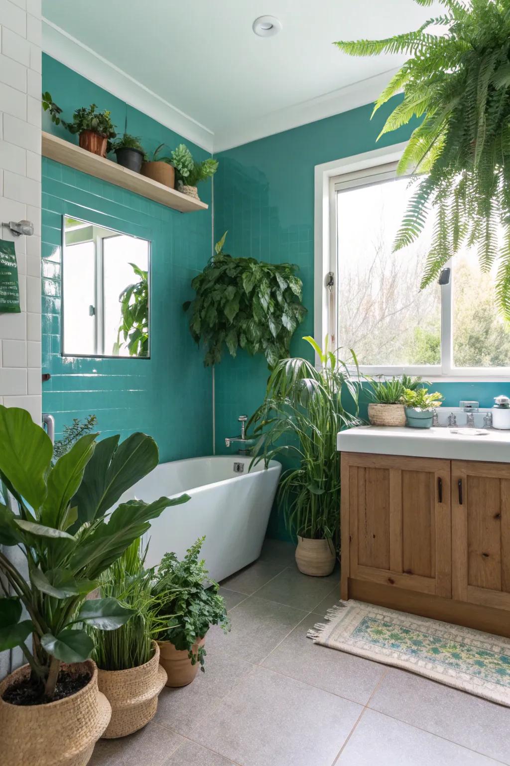 A tranquil bathroom with teal walls and plenty of greenery.