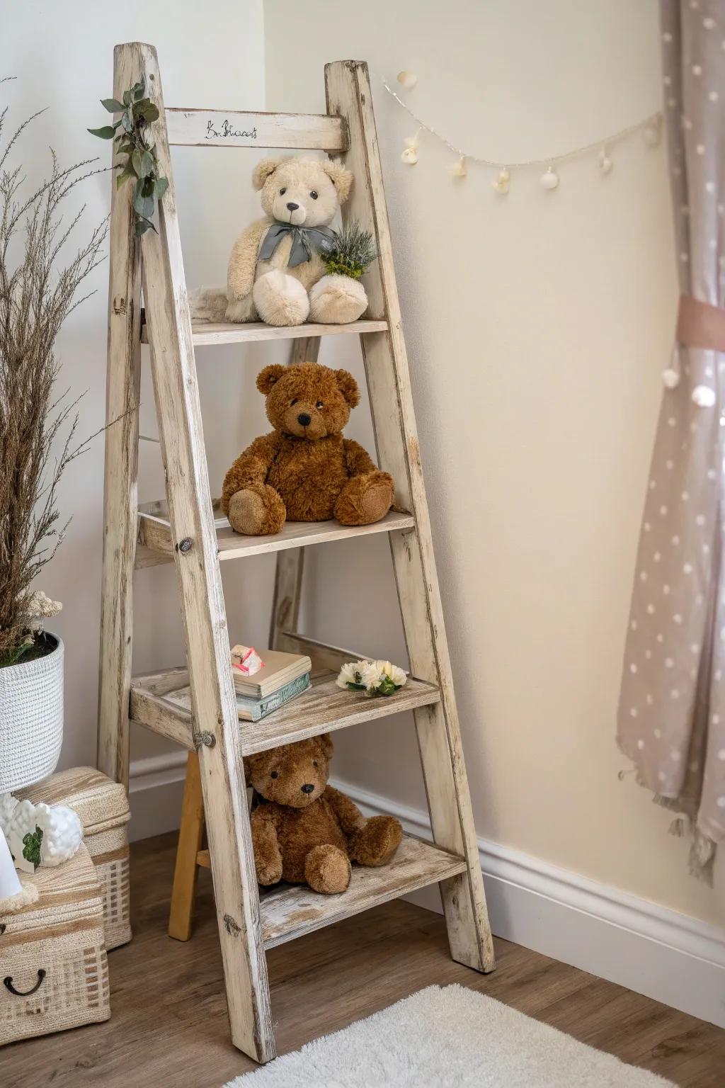 Transform a vintage ladder into a charming teddy bear display, blending boho warmth with minimalist elegance.