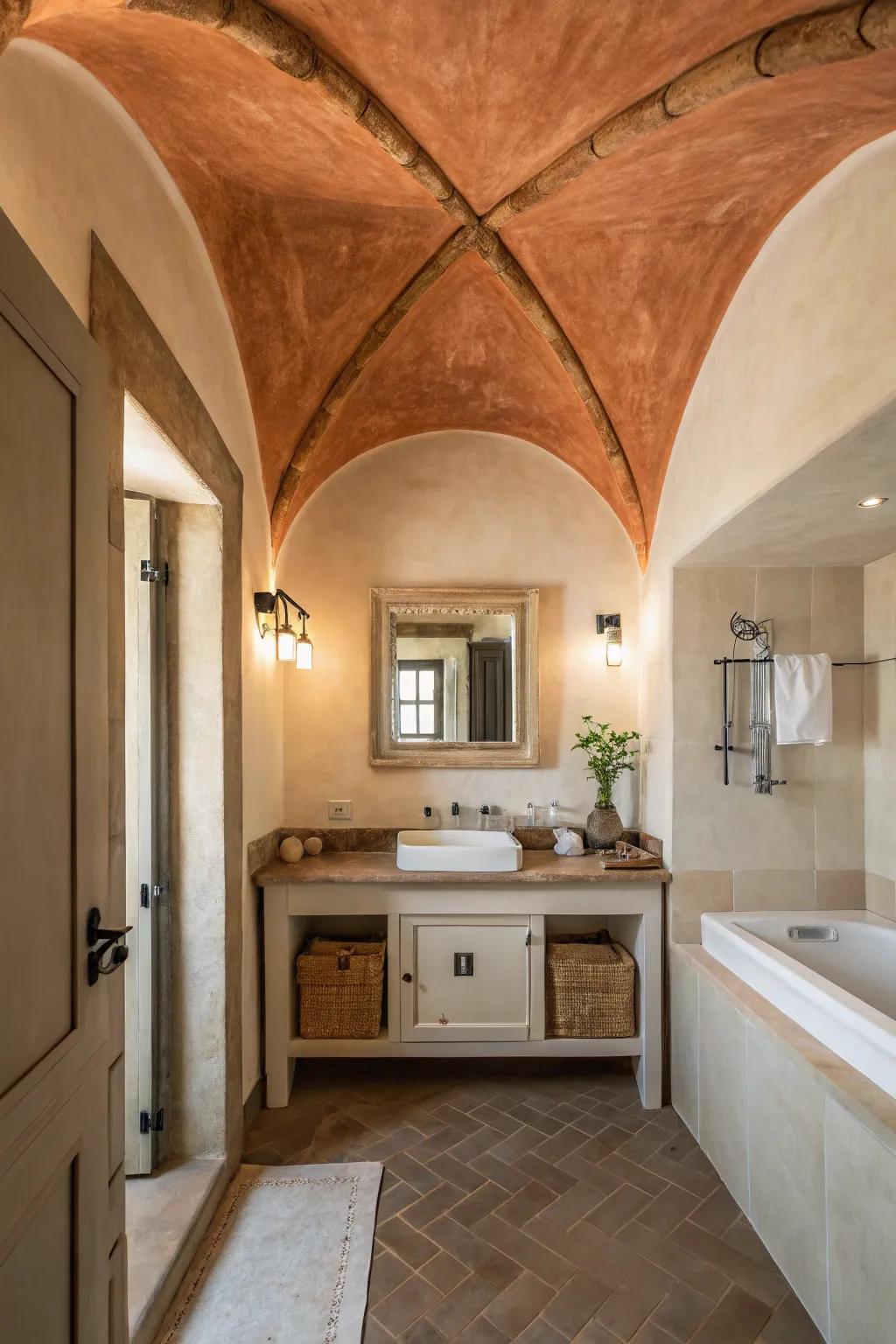 A terra cotta ceiling adds warmth and coziness to the bathroom.