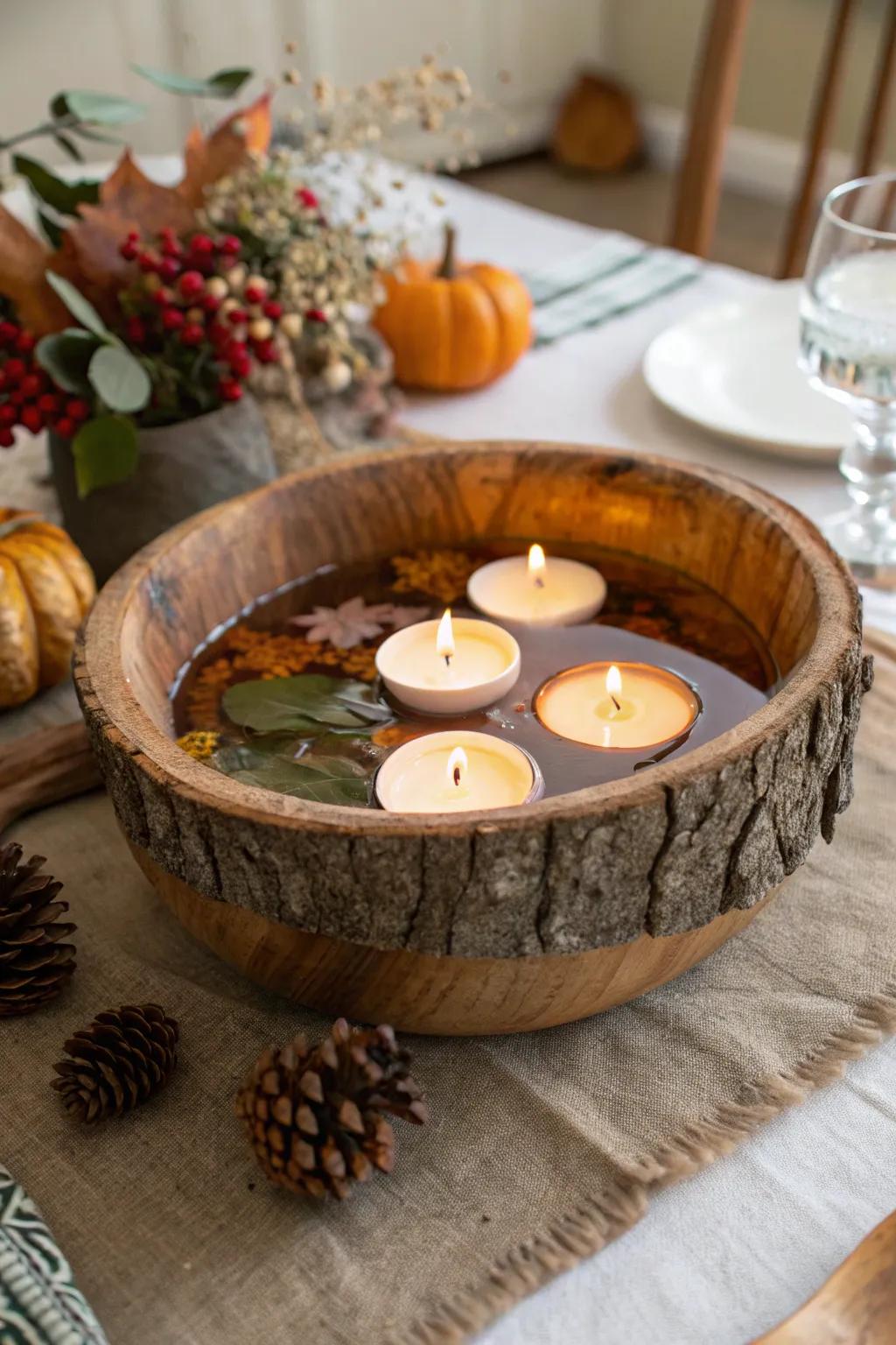 Rustic wood and floating candles create a warm and inviting Thanksgiving atmosphere.