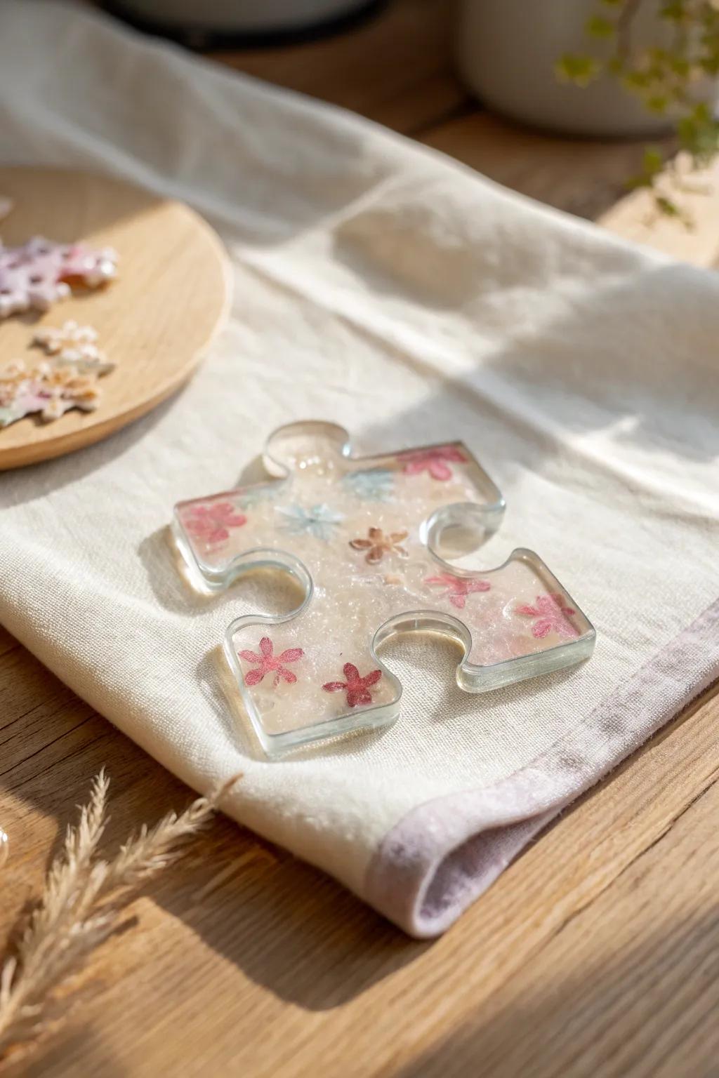 Celebrate unity and connection with this elegant resin-encased puzzle piece, blending minimalist charm with a Boho touch.