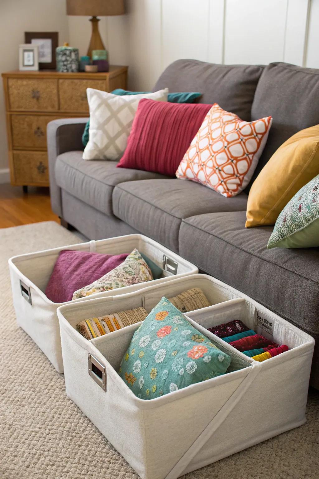 Under-couch storage bins cleverly hiding throw pillows.