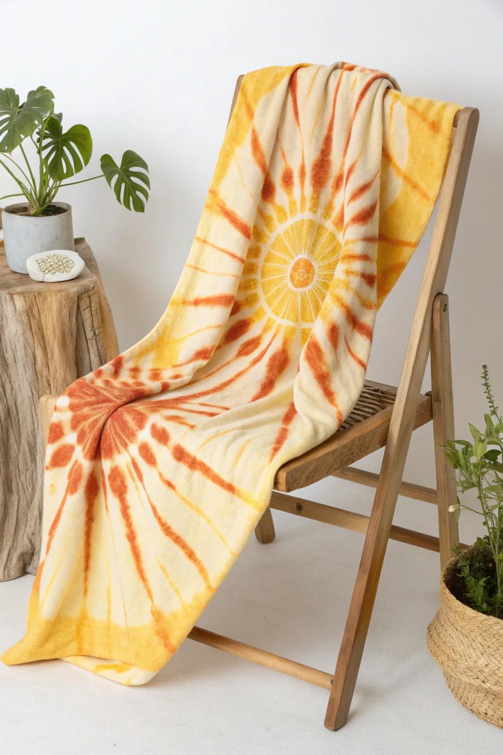 Embrace the sunshine with this radiant sunburst tie-dye design—perfect for a bright and cheerful day.