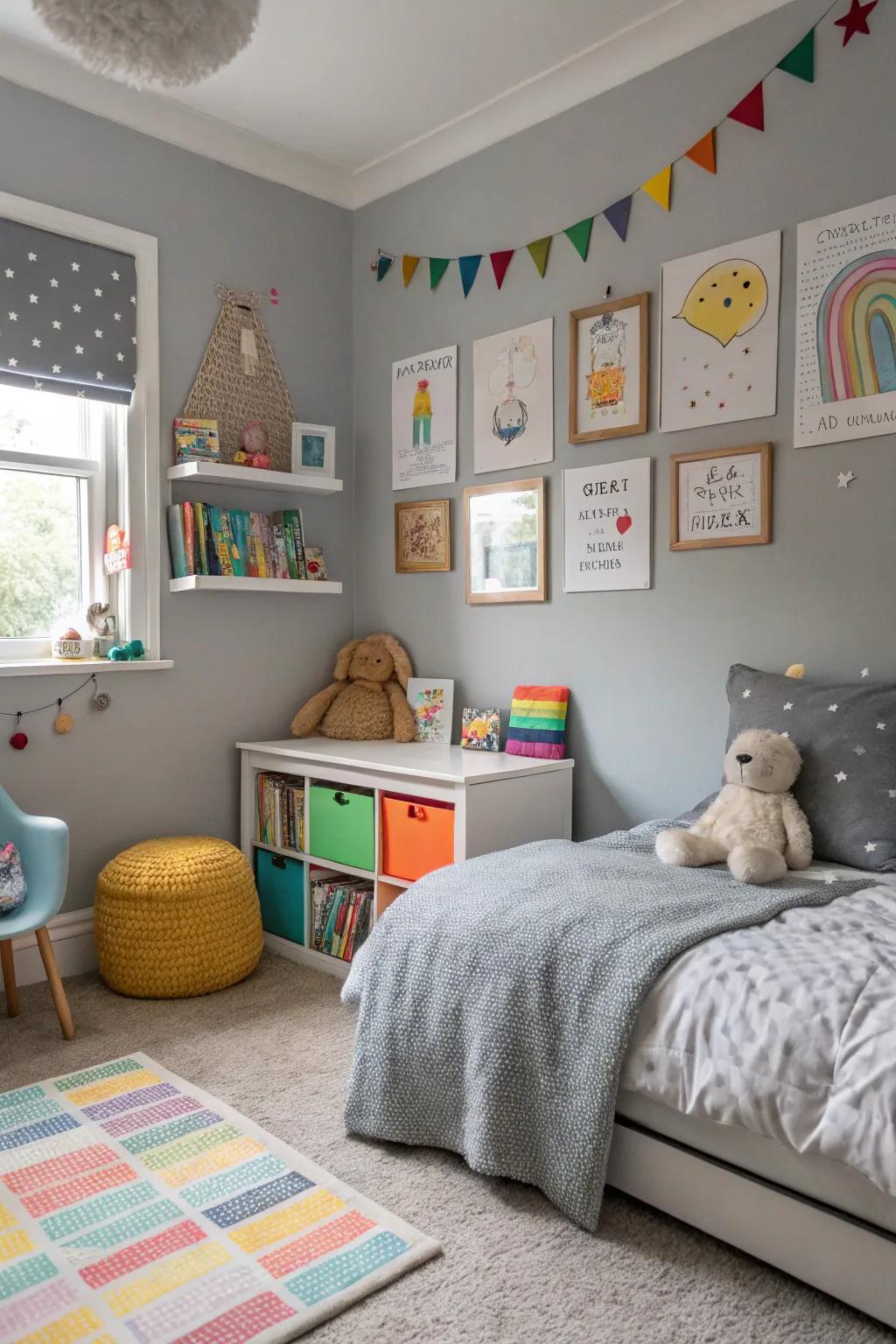 Gray walls provide a versatile and serene backdrop.